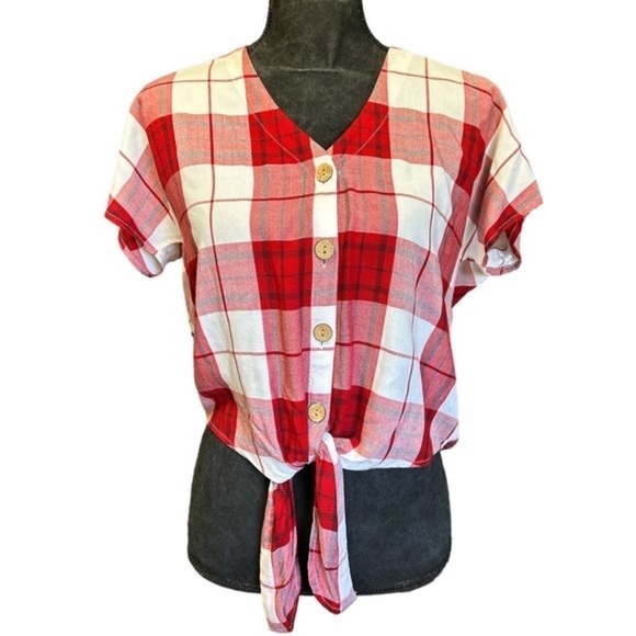NWT Universal Thread‎ Red & White Plaid Tie Front Button-Up V-Neck  Women's XS - Picture 1 of 5